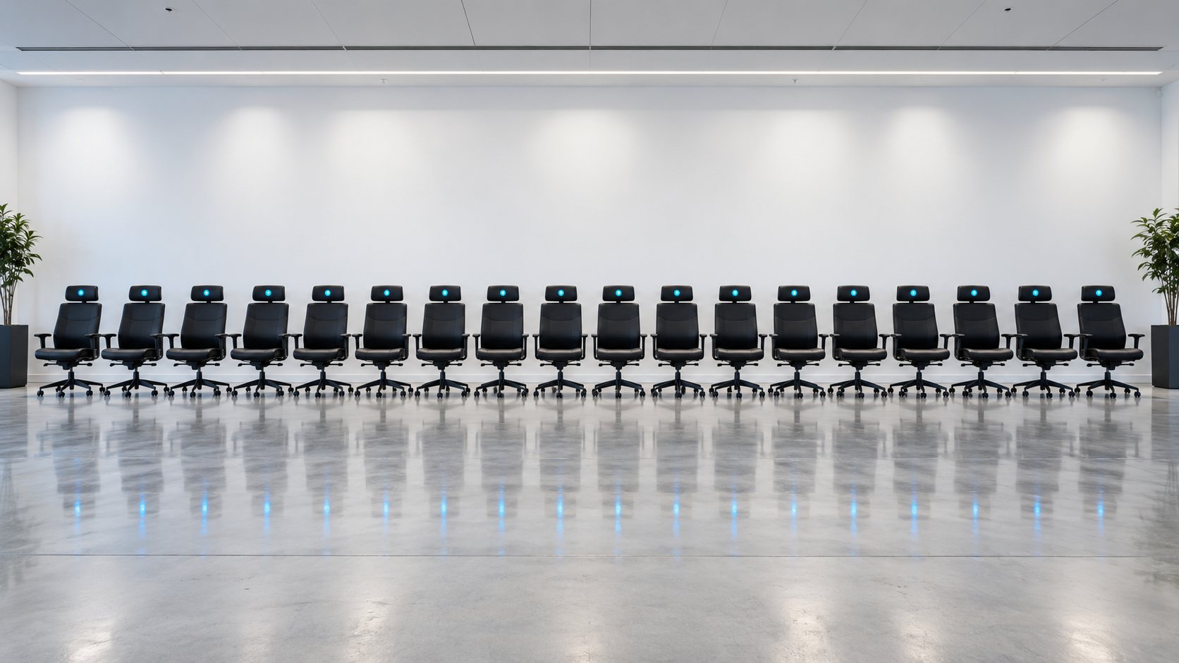 Sixteen identical black office chairs in a single row against a white wall in an empty bright room, one small cyan light in each headrest