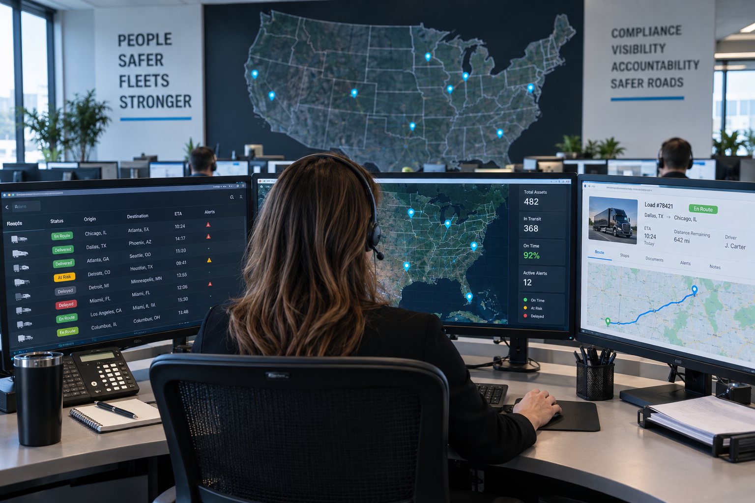 Fleet compliance control room, a dispatcher at three screens showing the load board, a national map with live pins and one load’s route, a wall map behind her