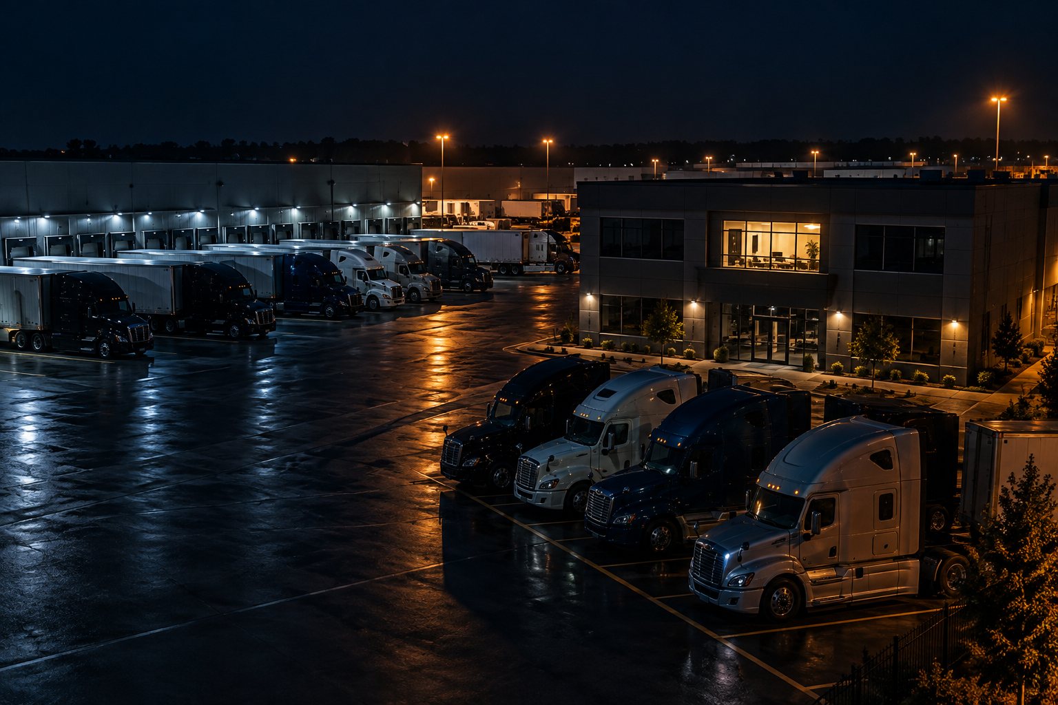 Trucking terminal at night, tractors and trailers parked on wet pavement under yard lights, one office window on the second floor still lit