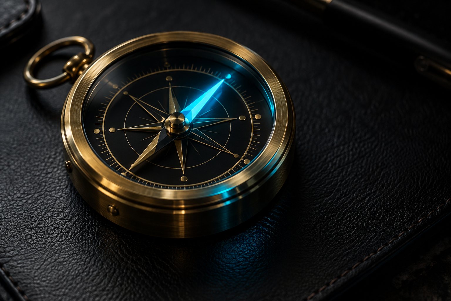 A brass pocket compass on black leather, its needle glowing cyan and pointing true