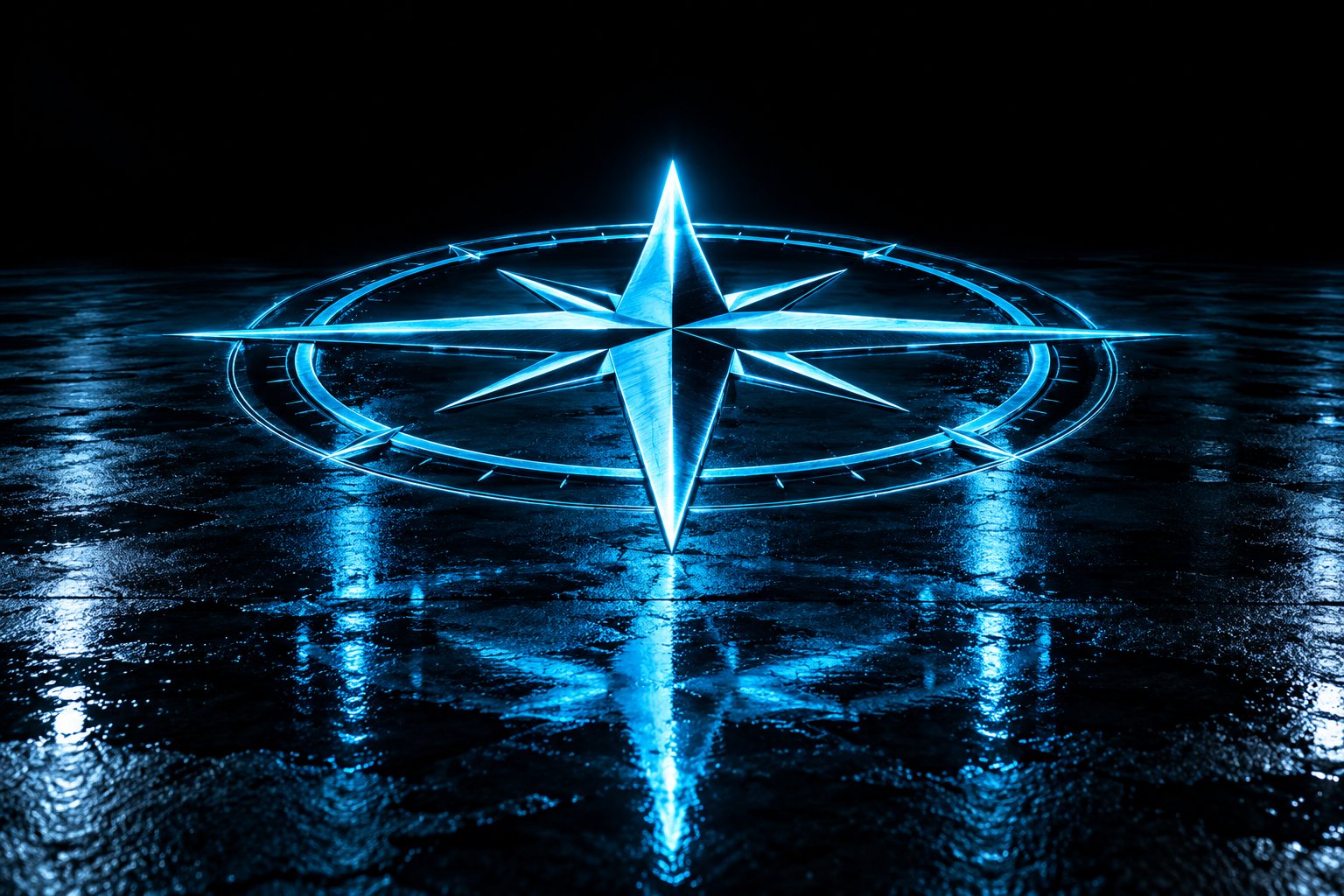 X3 Compass: a glowing cyan compass rose inlaid in a wet black floor, sixteen points lit, reflecting in the dark