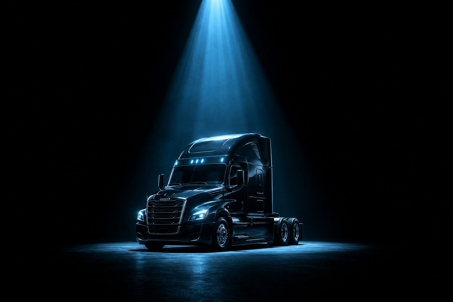 A black tractor alone on a black floor under a single vertical shaft of cyan light from above, nothing else in the frame